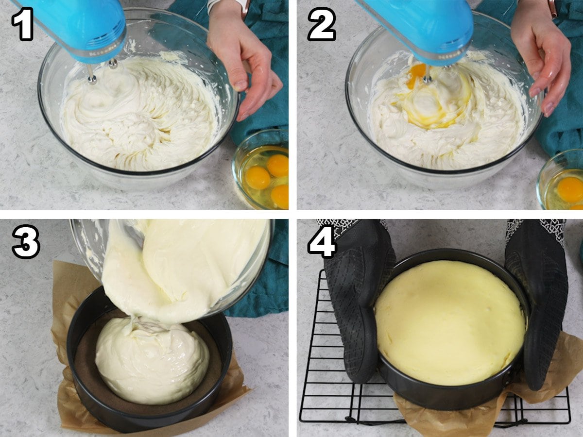 collage of four photos showing how to make a cheesecake for cheesecake stuffed cake
