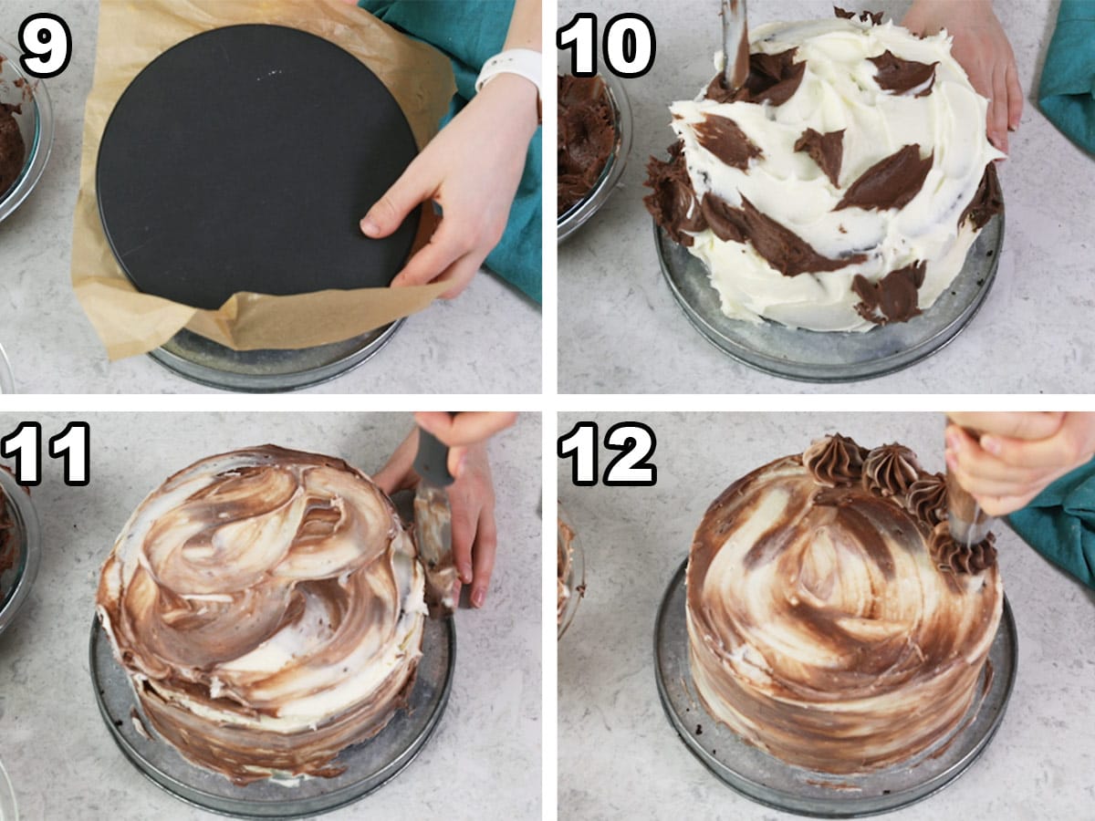 collage of four photos showing how to assemble a cheesecake stuffed cake