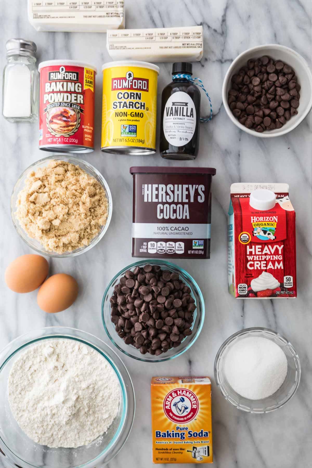 overhead view of ingredients for fudge cookies