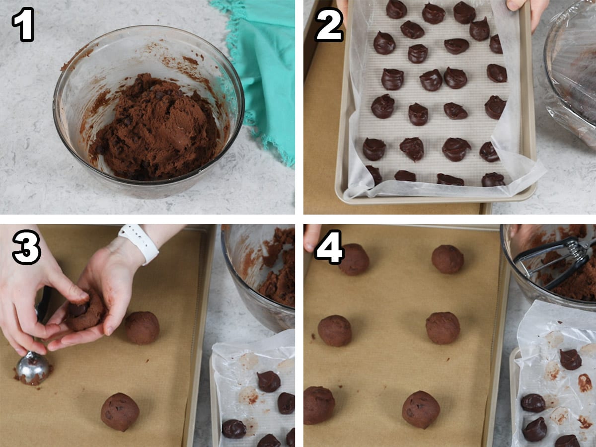collage of four photos showing how to make fudge cookies
