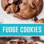 collage of fudge cookies, top image of warm cookie torn apart, bottom image of broken cookie stacked