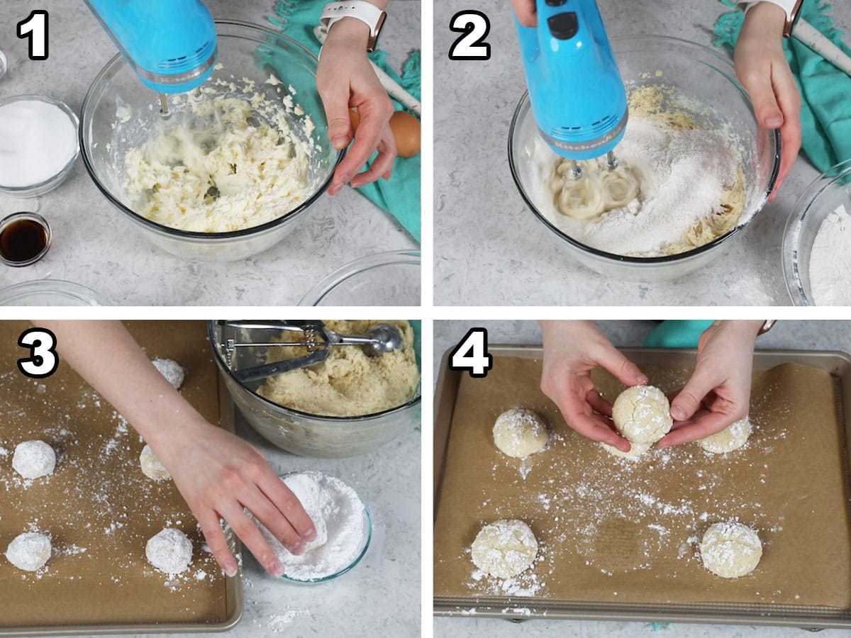collage of four photos showing how to make gooey butter cookies from scratch