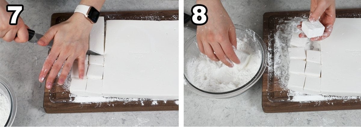 collage of two photos showing how to cut and coat homemade marshmallows