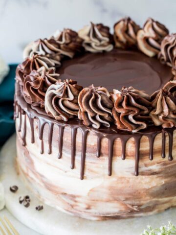 close up of full cheesecake stuffed chocolate cake