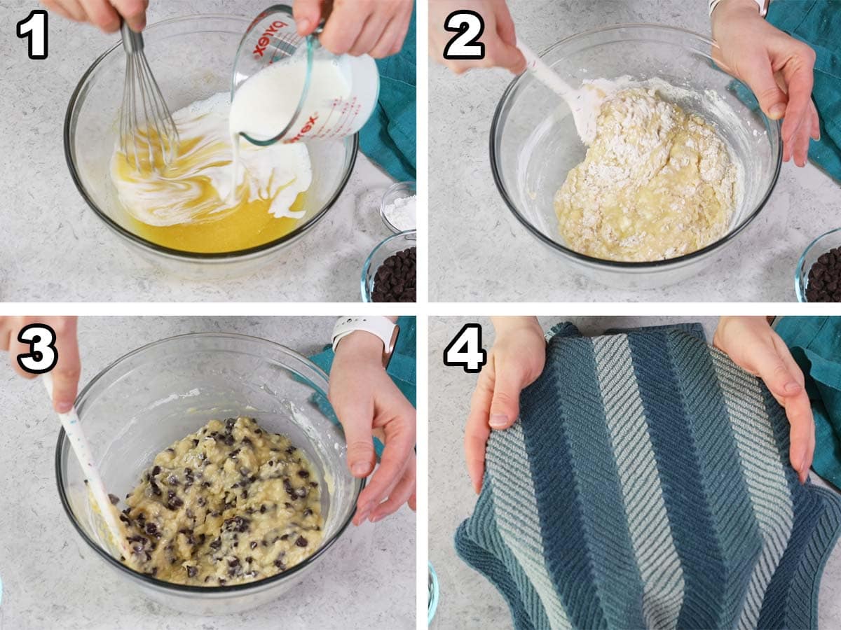 collage of four photos showing how to prepare the batter for chocolate chip muffins