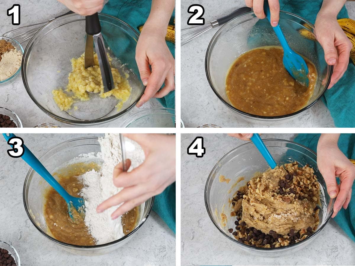 collage of four photos showing bananas being mashed in a bowl and other ingredients being added until a dough is formed