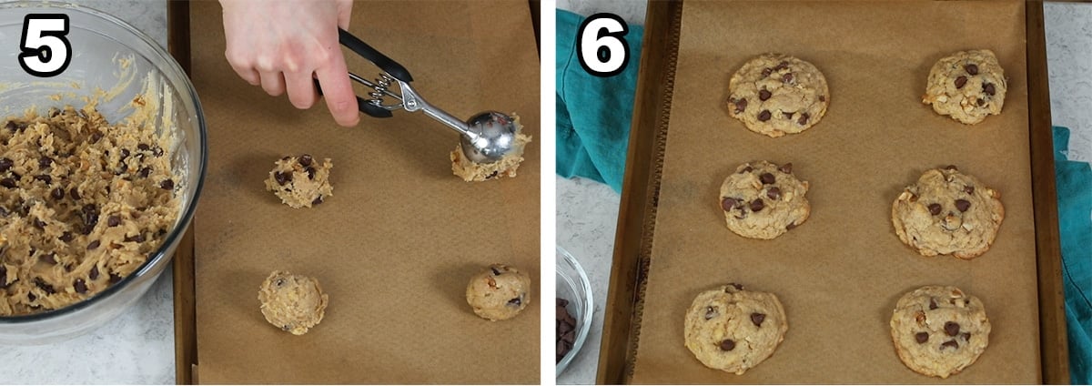 collage of two photos showing cookies on a baking sheet before and after baking