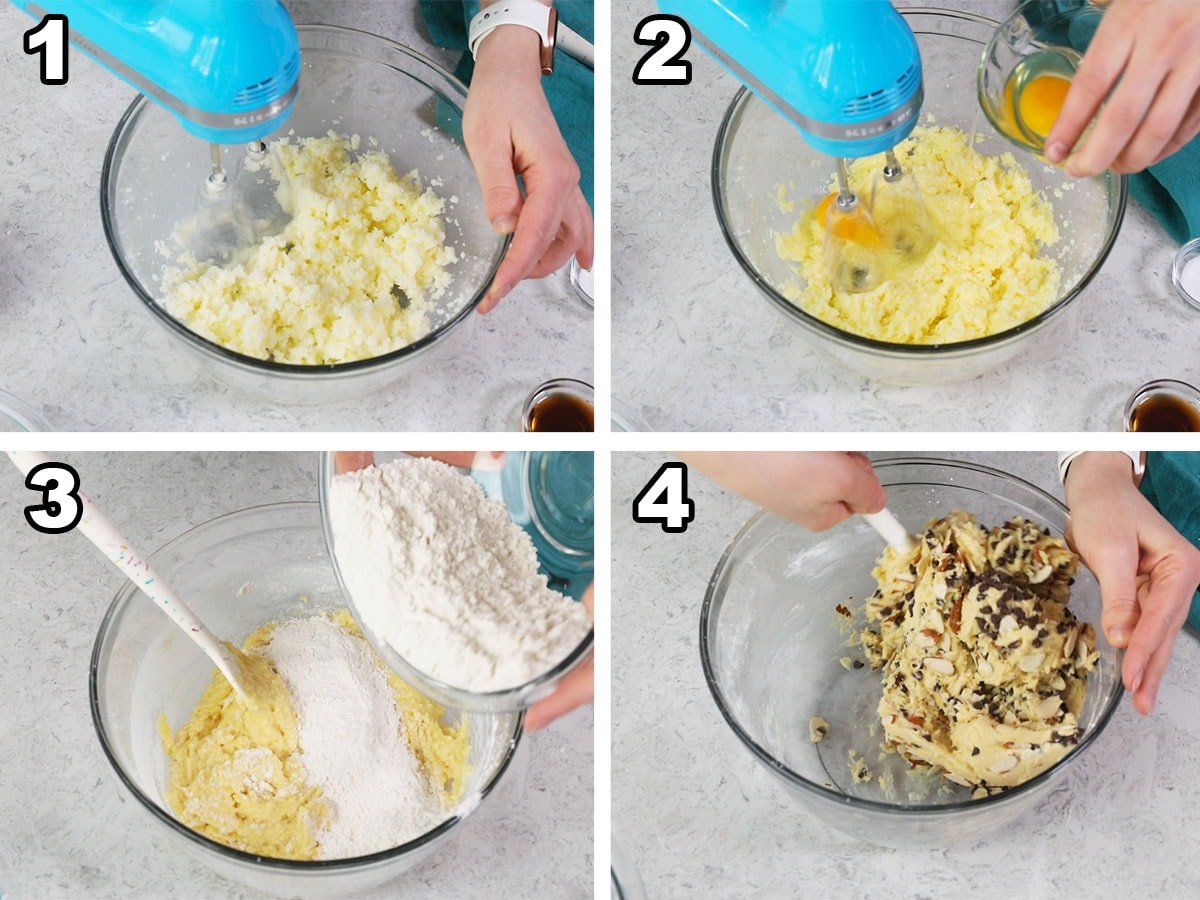 collage of four photos showing how to make biscotti dough