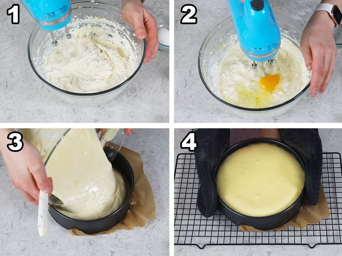 collage of four photos showing how to make the cheesecake layer for a carrot cake cheesecake