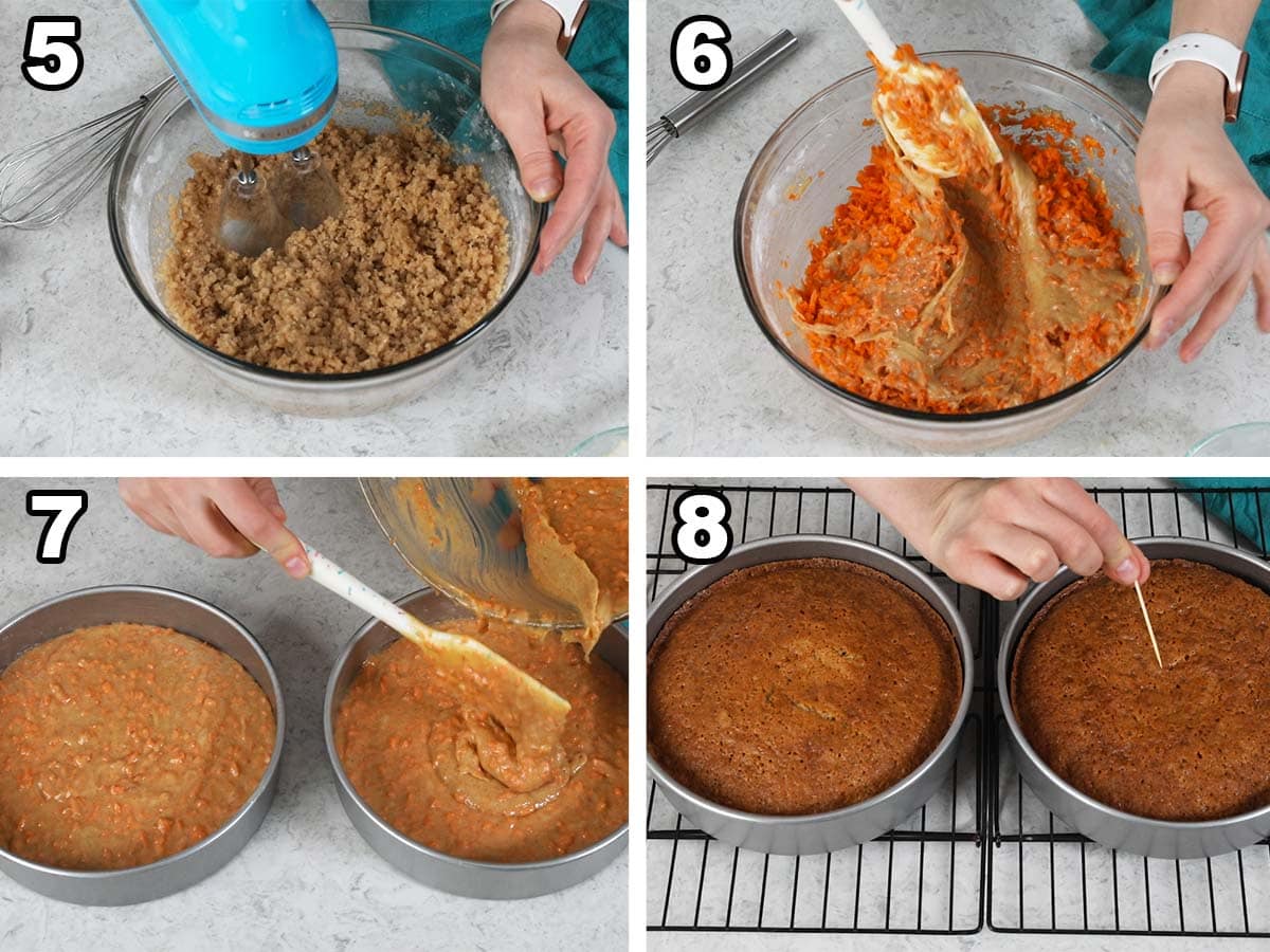 collage of four photos showing how to make the carrot cake layers for a carrot cake cheescake