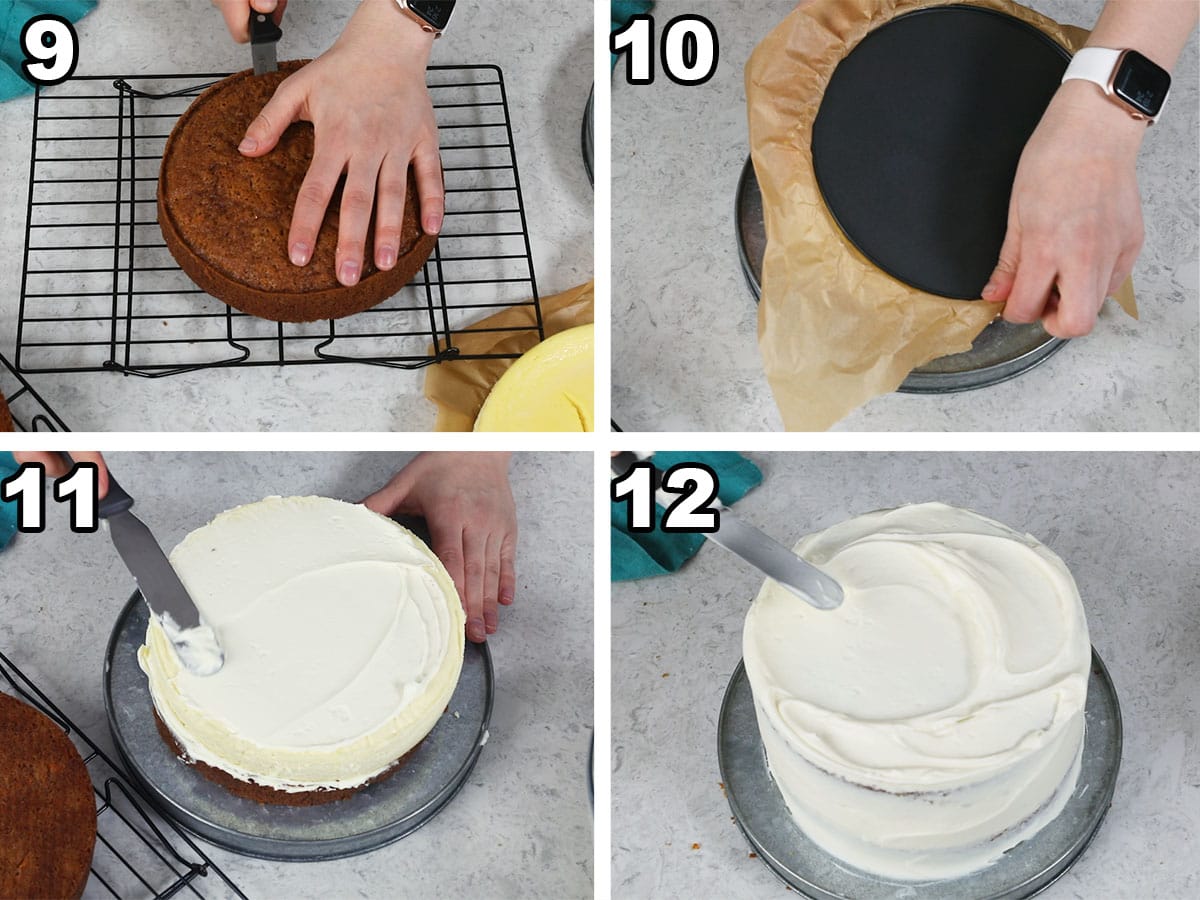 collage of four photos showing how to assemble a carrot cake cheesecake