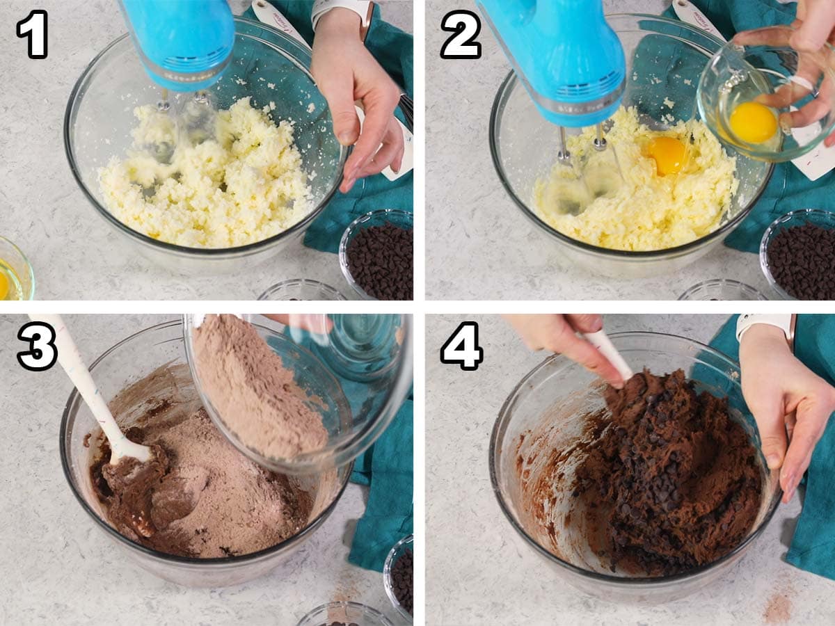 collage of four photos showing how to make chocolate biscotti dough