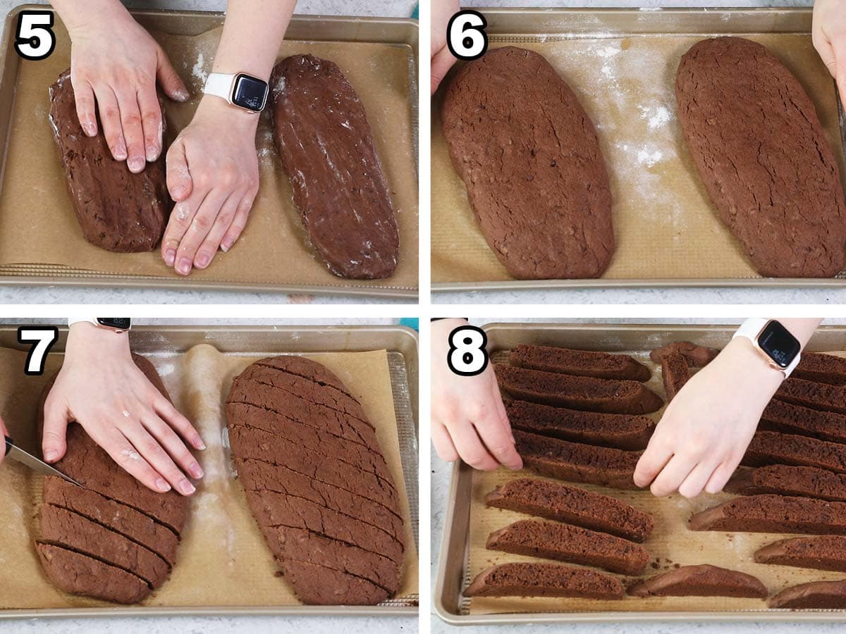 collage of four photos showing how to bake and cut chocolate biscotti