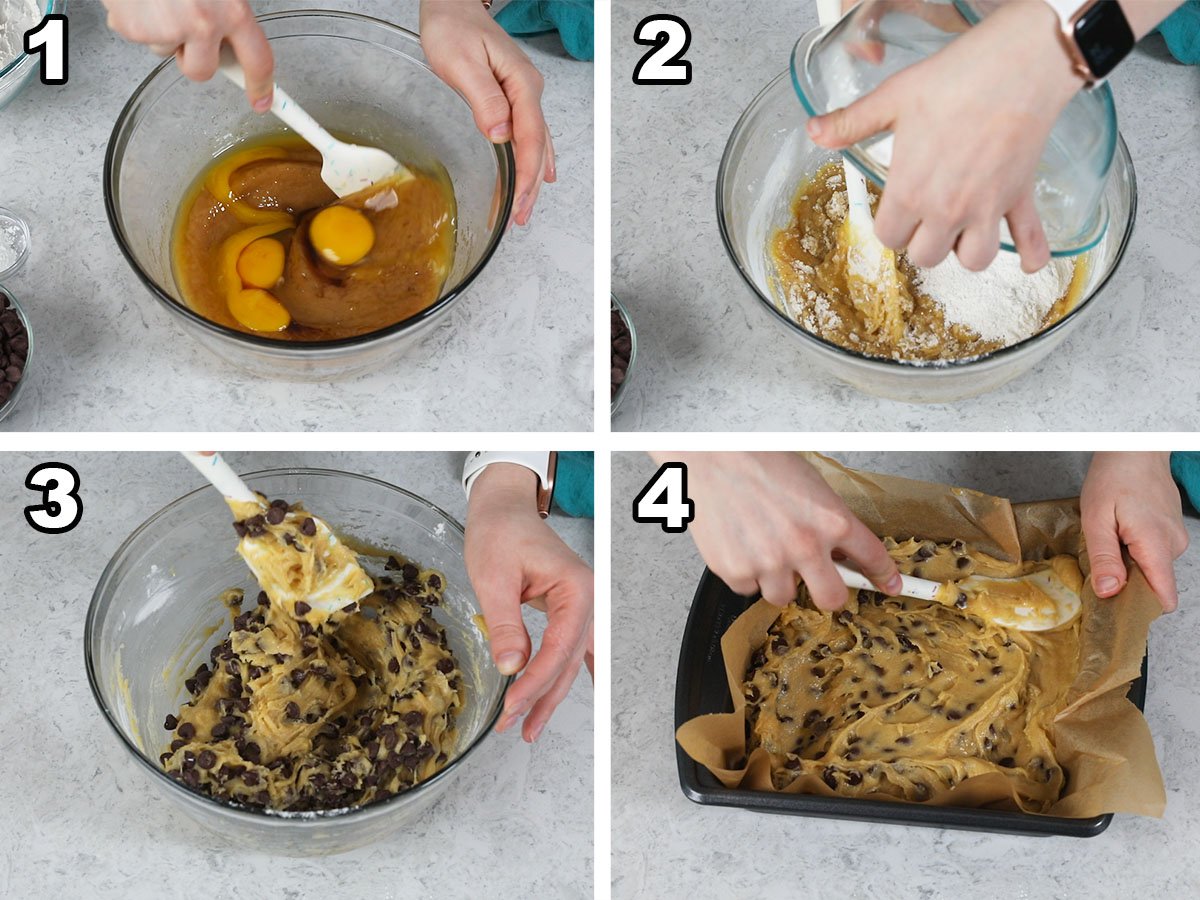 collage of four photos showing how to make chocolate chip cookie bars