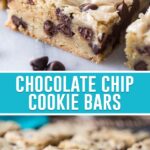 collage of chocolate chip cookie bars, top image of single bar, bottom image of multiple bars