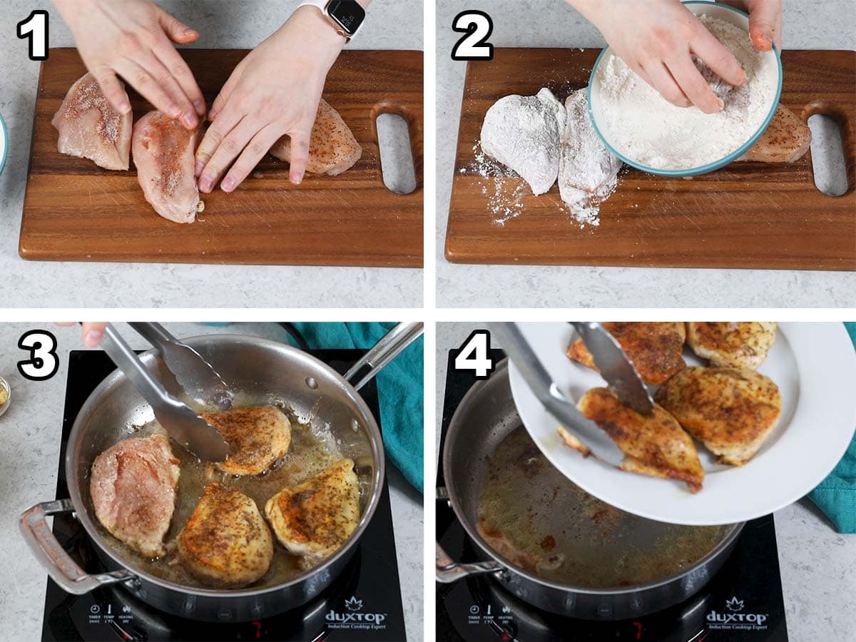collage of four photos showing how to prep and cook the chicken for creamy chicken pasta