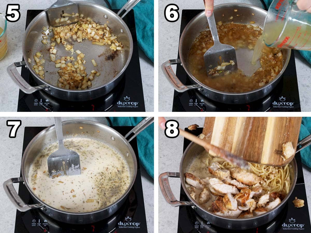 collage of four photos showing how to make the sauce for and assemble creamy chicken pasta