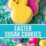 collage of easter sugar cookies, top image of two close up bunny cookies pink and yellow, bottom image of multiple bunny sugar cookies on a white plate