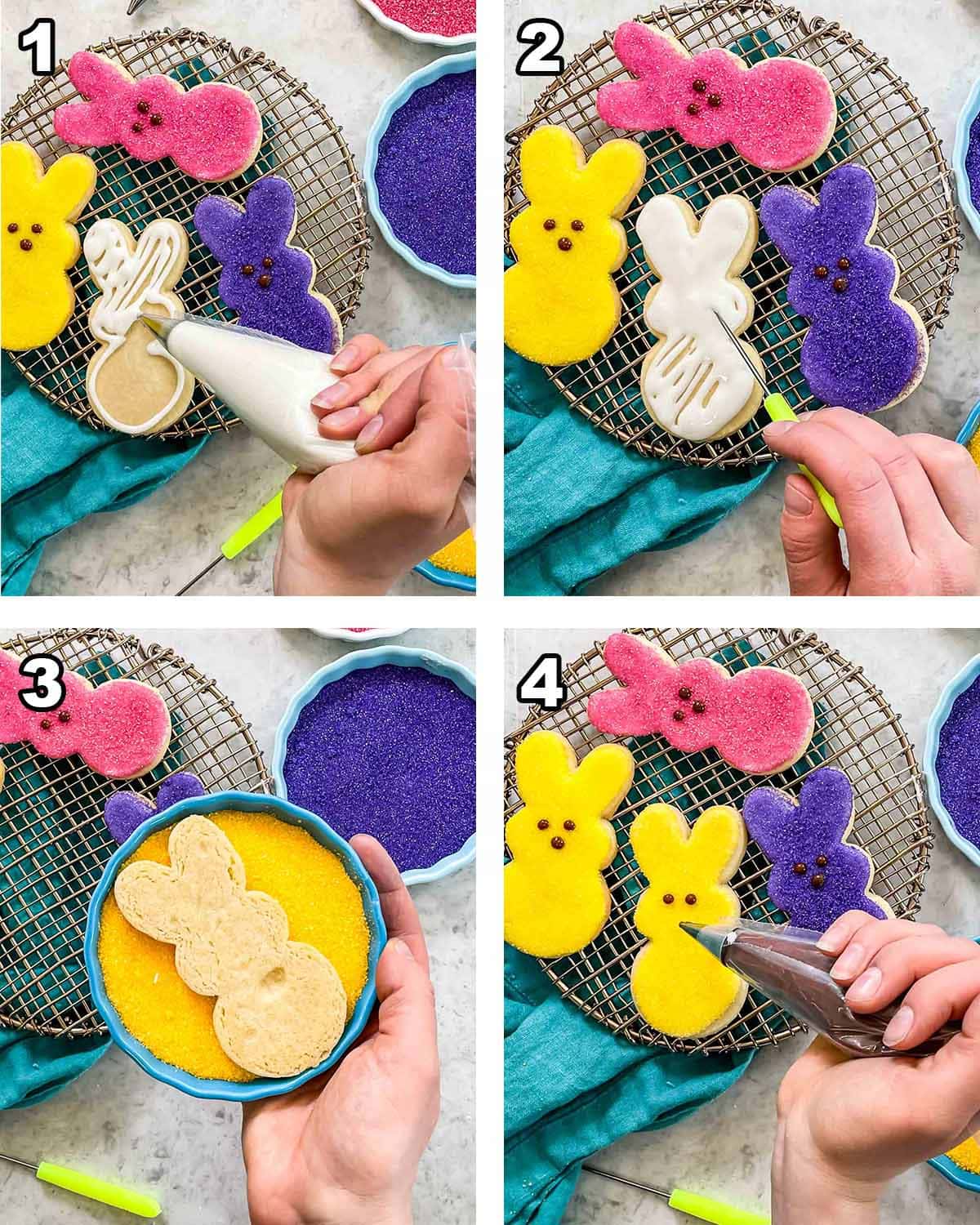 collage of four photos showing how to decorate sugar cookies to look like colorful bunny peeps