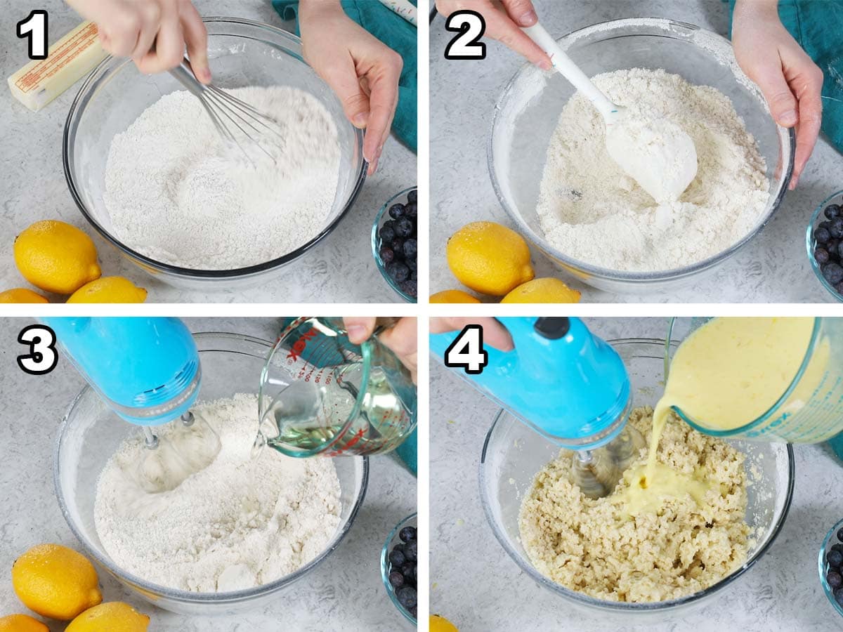 collage of four photos showing a lemon cake batter being prepared using the reverse creaming method