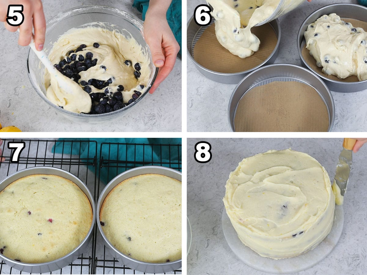 collage of four photos showing blueberries being stirred into lemon cake batter before being divided among pans, baked, and frosted
