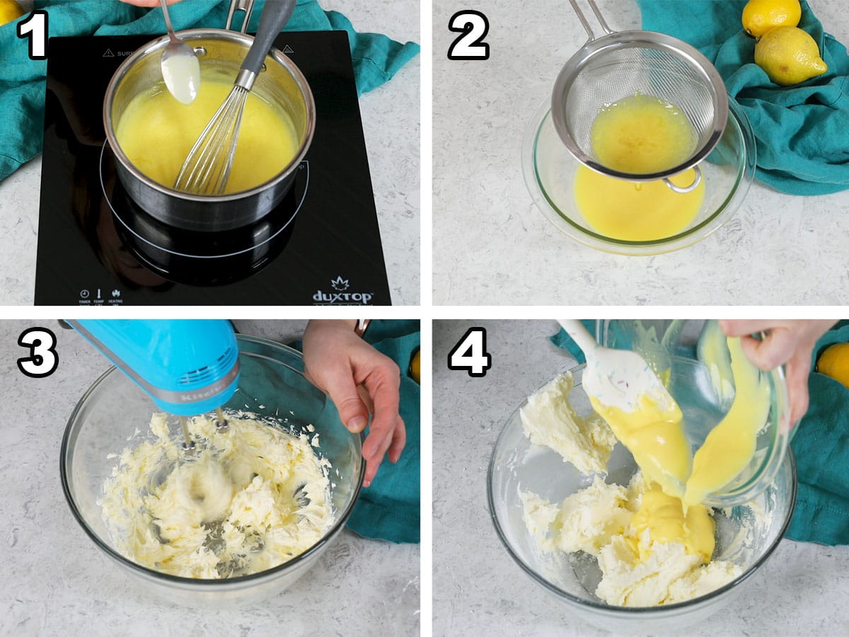 collage of four photos showing how to make frosting with fresh lemon curd