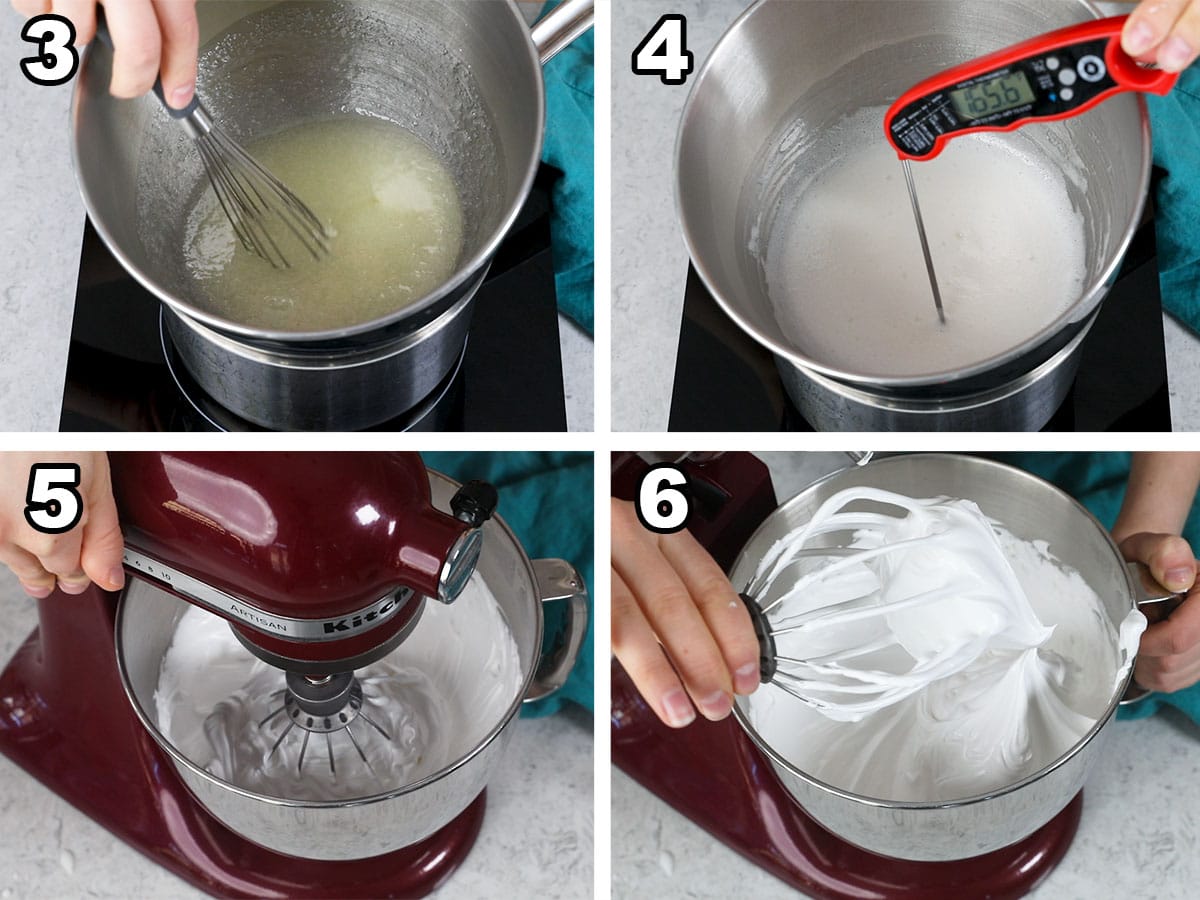 collage of four photos showing how to cook and whip marshmallow to make a frosting