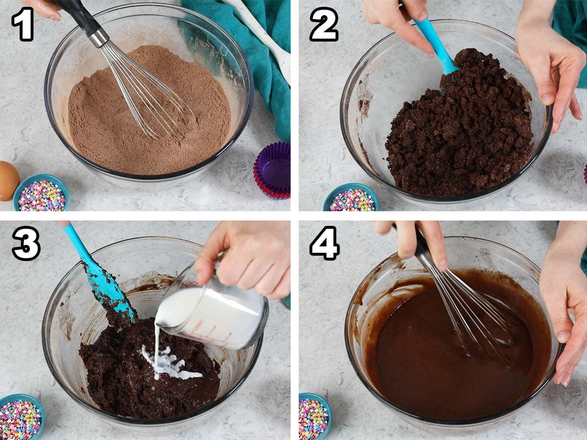 collage of four photos showing wet ingredients being added to dry to make a chocolate batter