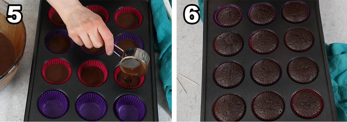 collage of two photos showing cupcakes before and after baking