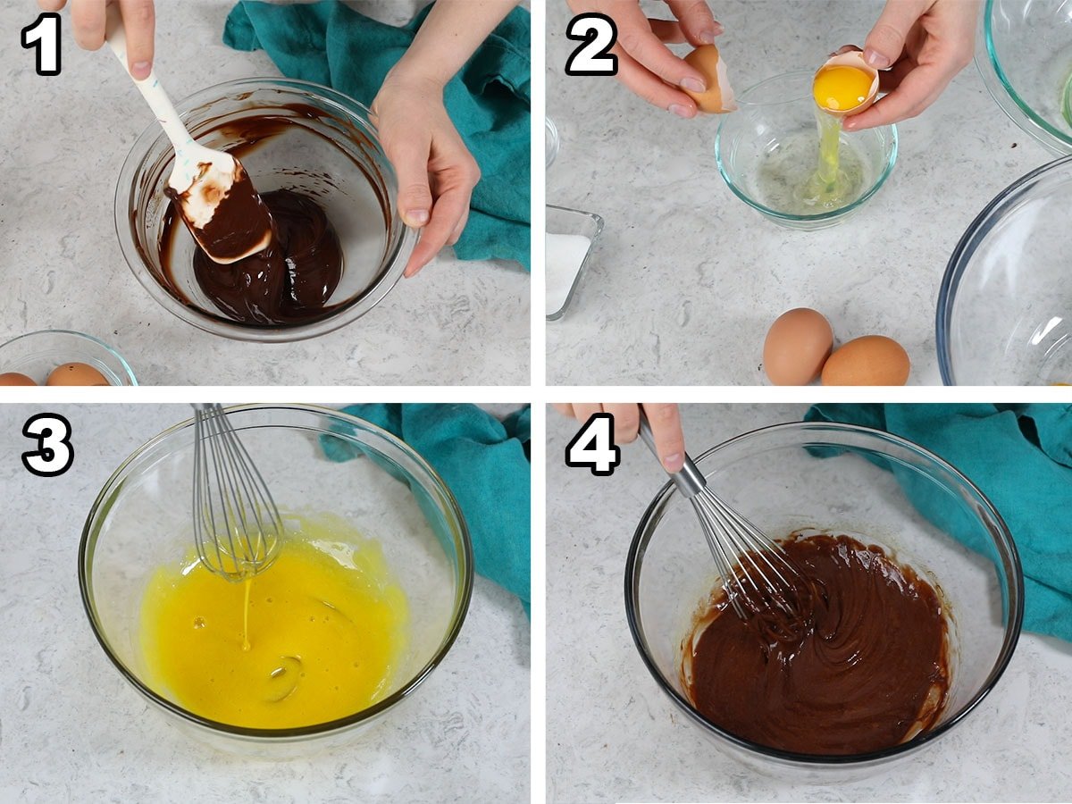 collage of four photos showing egg yolks being stirred into melted chocolate