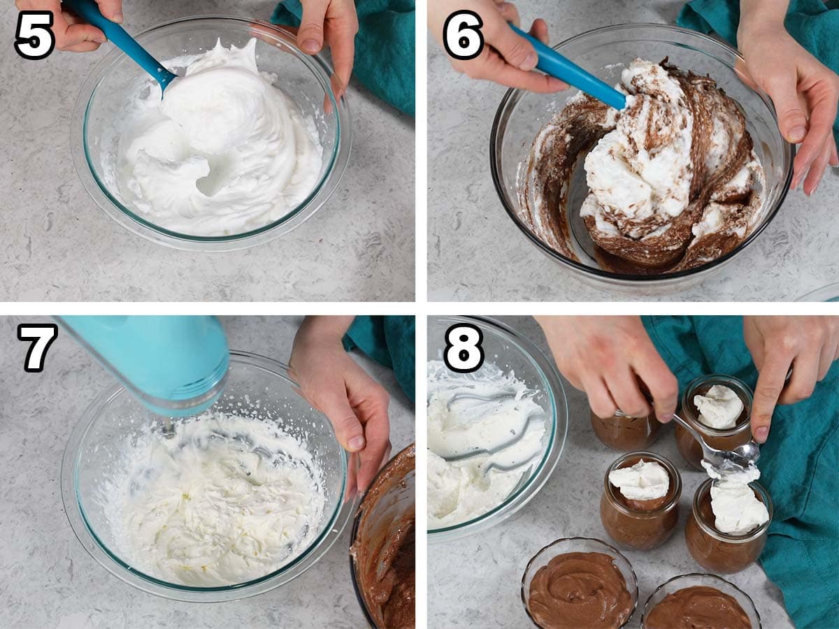 collage of four photos showing whipped egg whites being folded into chocolate custard mixture topped with whipped cream