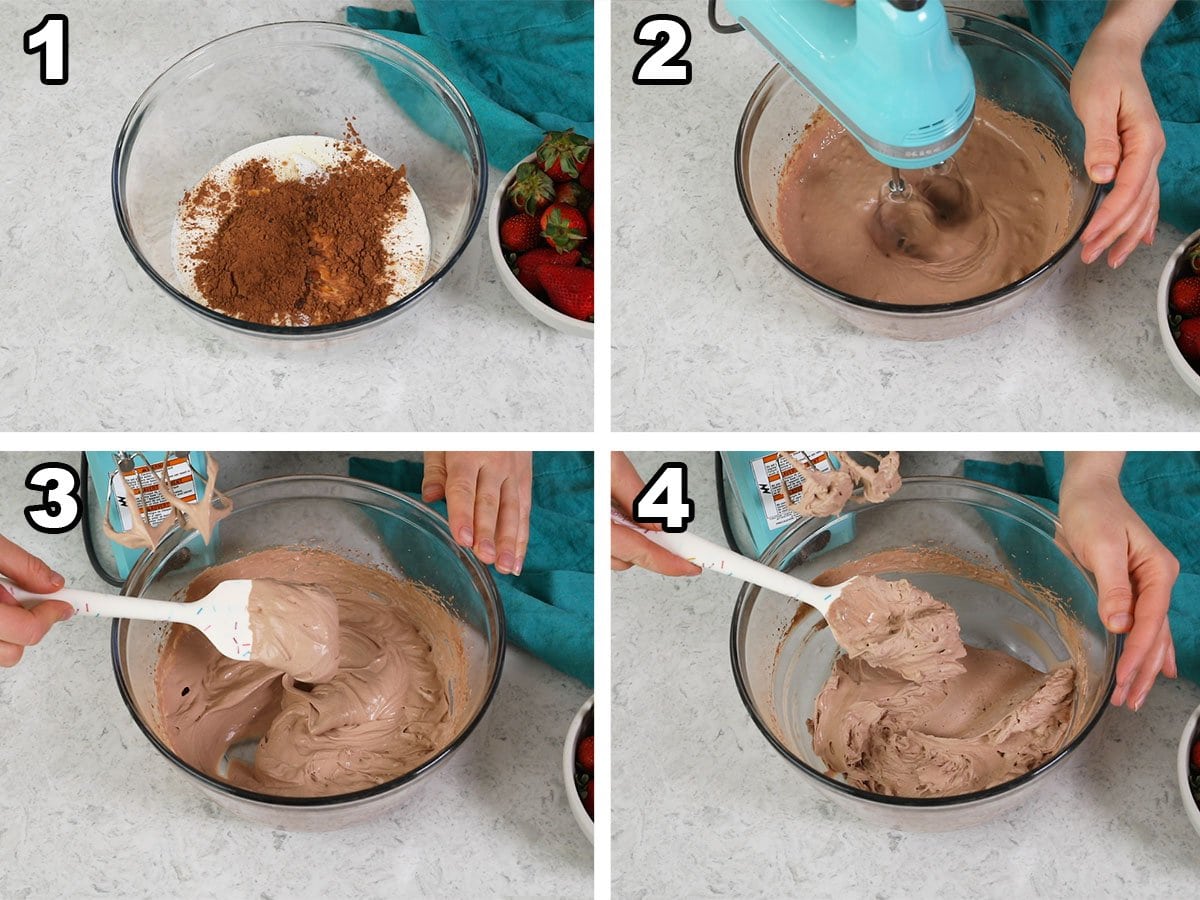 collage of four photos showing chocolate cream being whipped to soft peaks