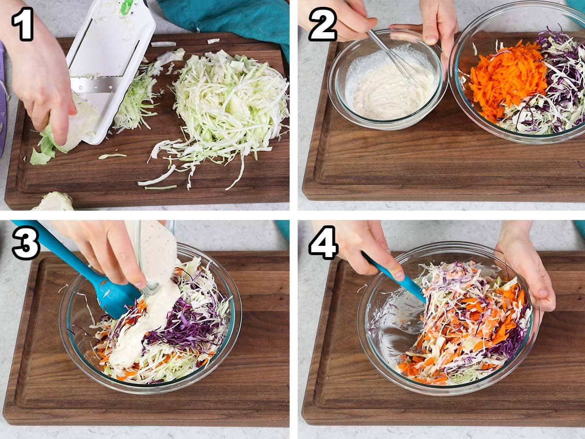 collage of four photos showing cabbage being shredded and tossed with homemade dressing