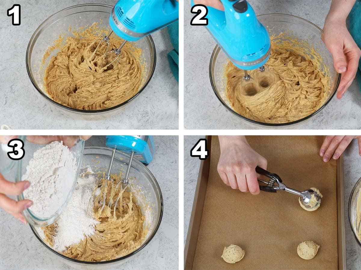 collage of four photos showing how to make peanut butter cookies