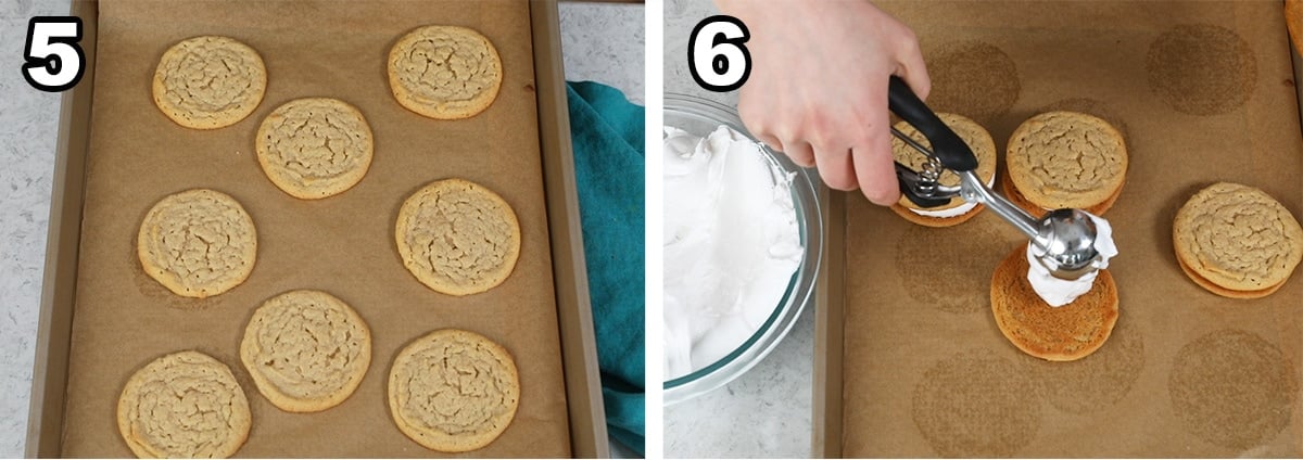 collage of two photos showing peanut butter cookies being stuffed with marshmallow cream