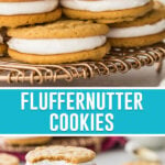 collage of fluffernutter cookies, top image of multiple cookies stacked on gold wire tray, bottom image of three cookies stacked top cookie with bite taken out