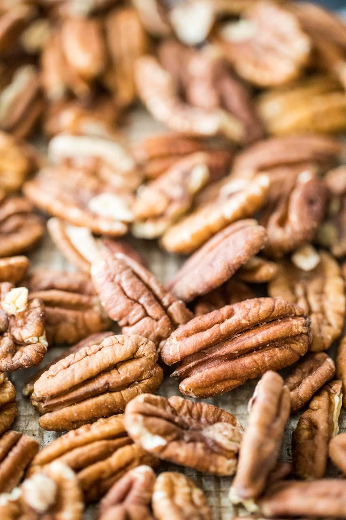 zoomed-in view of whole toasted pecans