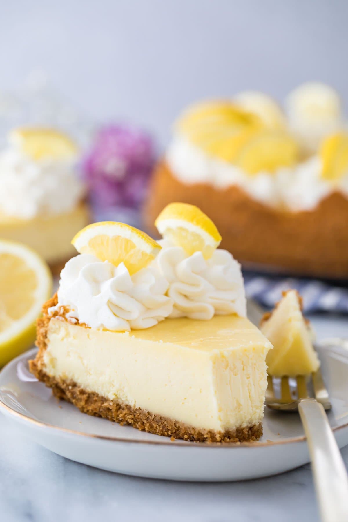 forkful of cheesecake resting on a plate beside the remaining slice topped with whipped cream and lemon wedges