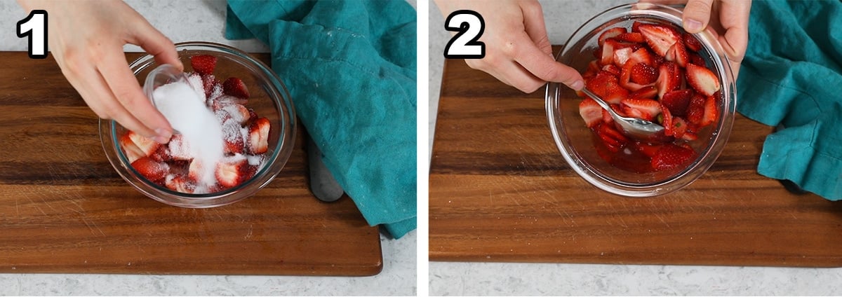 collage of two photos showing sugar being added to sliced strawberries in a clear bowl