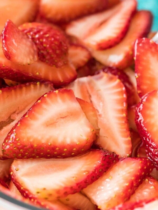 close-up shot of sliced macerated strawberries