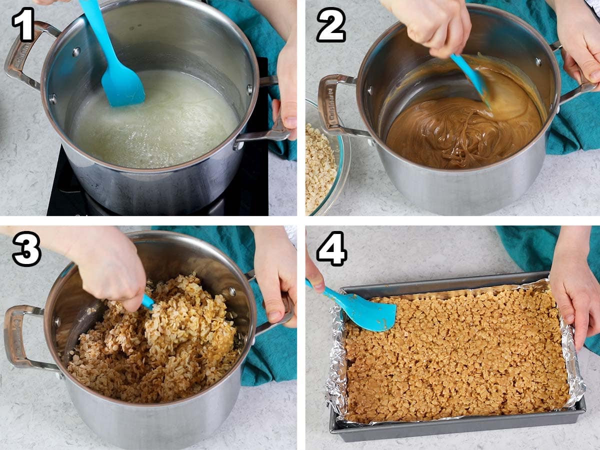 collage of four photos showing how to make peanut butter cereal bars