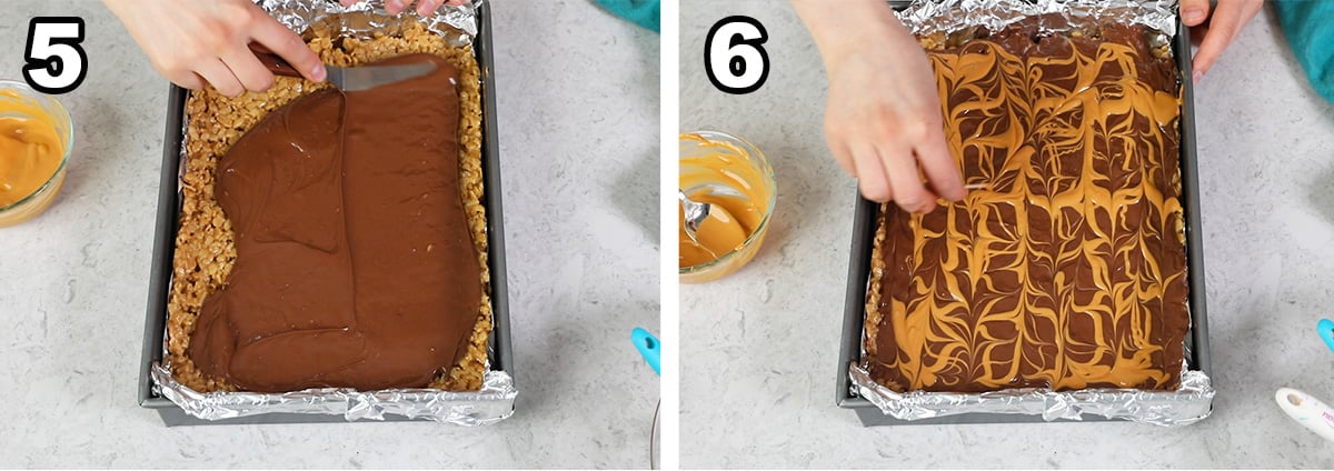 collage of two photos showing how to spread and swirl a chocolate butterscotch topping onto peanut butter cereal bars