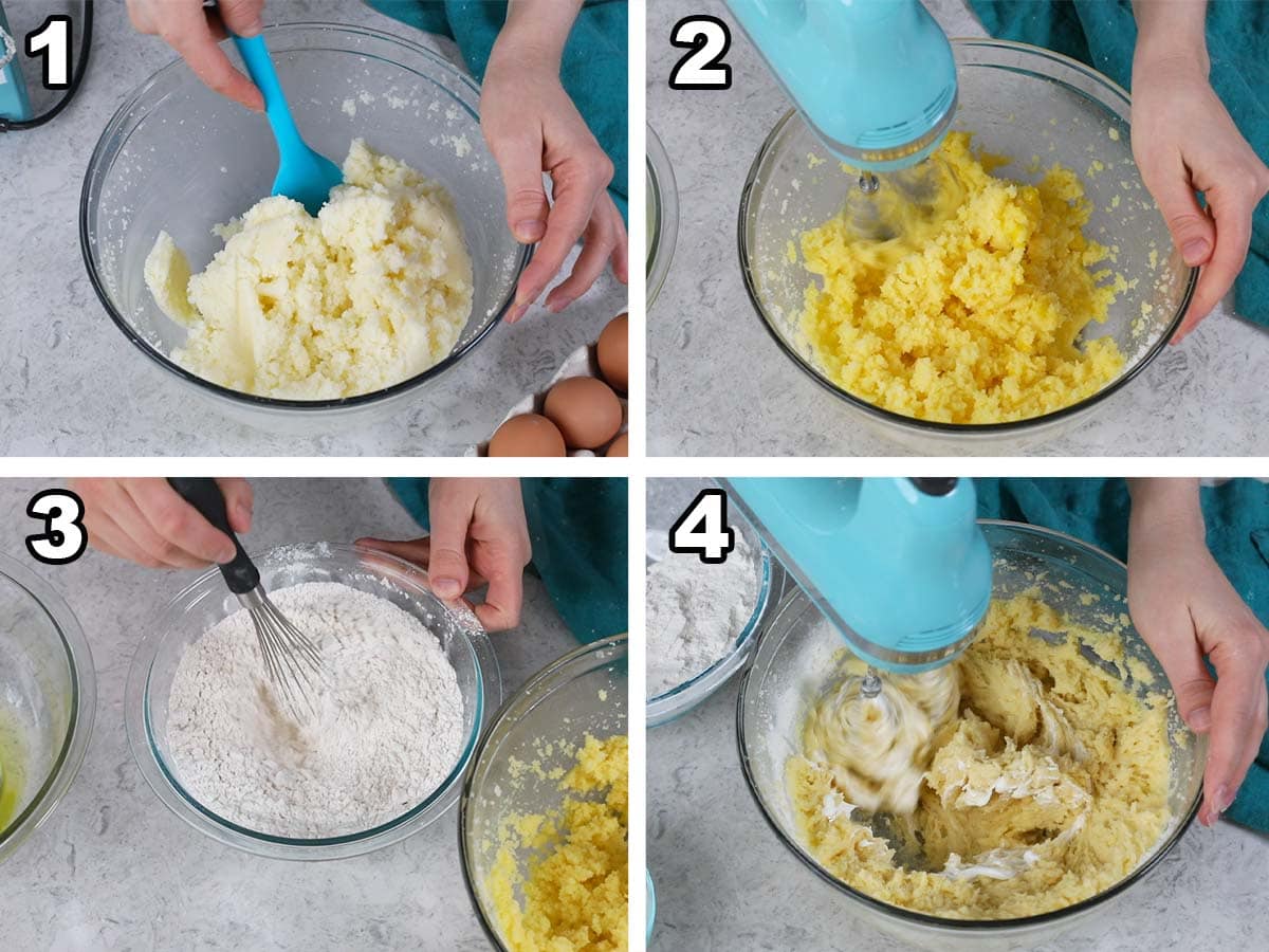 collage of four photos showing egg yolks and then a flour mixture being mixed into butter and sugar 