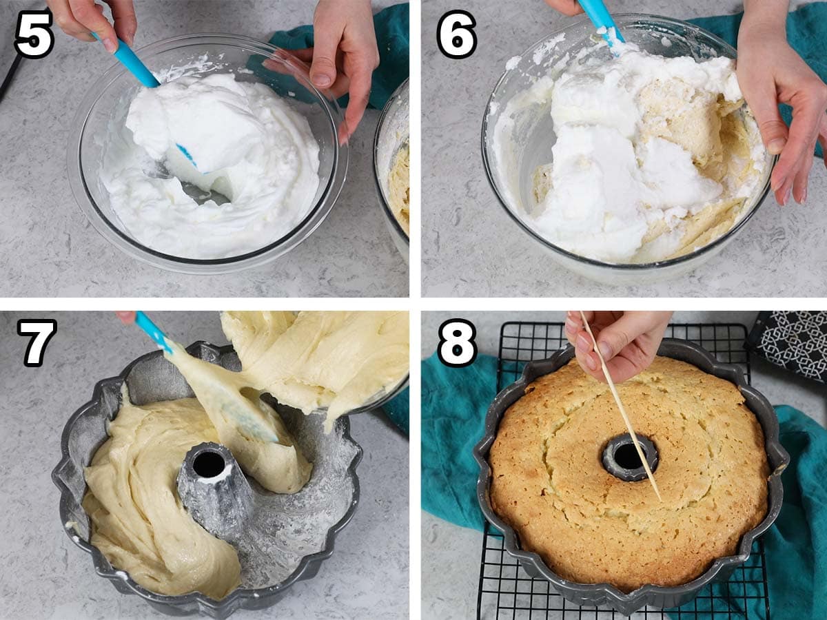 collage of four photos showing egg whites being whipped to stiff peaks, folded into cake batter, and baked in a bundt pan