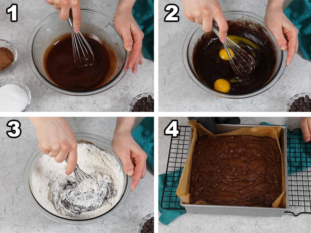 collage of four photos showing brownies being made from scratch