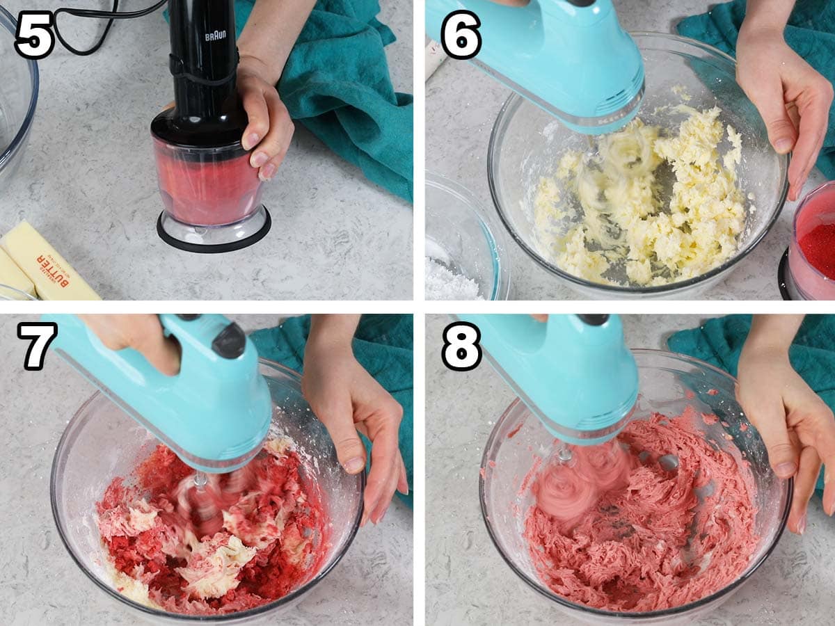 collage of four photos showing how to make a strawberry frosting filling for brownies