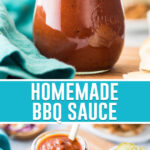 collage of homemade bbq sauce, top image of single jar close up of bbq sauce, bottom image taken from above
