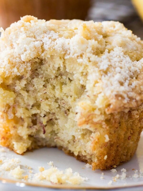 streusel topped banana muffin missing a bite