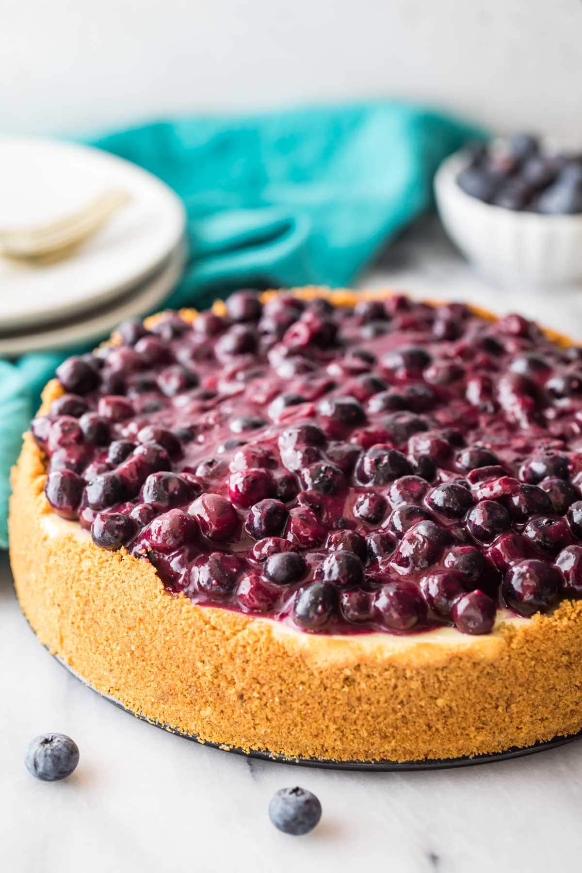 whole blueberry cheesecake topped with a fresh blueberry topping