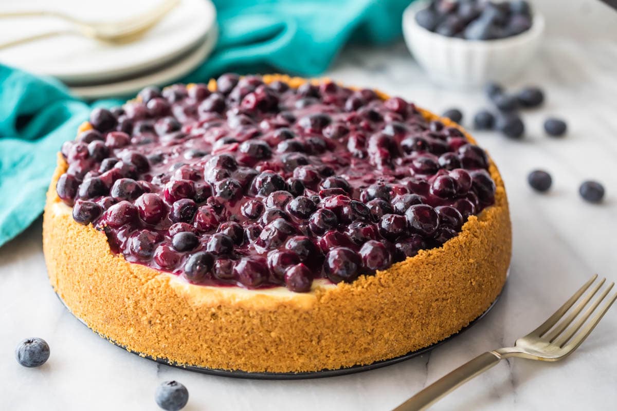 whole blueberry cheesecake topped with a fresh blueberry topping